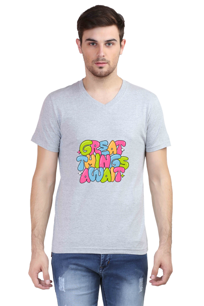 Men's V-neck Half Sleeve Funny T Shirts (Great Things Await)