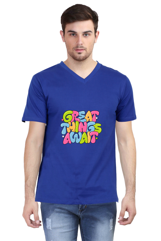 Men's V-neck Half Sleeve Funny T Shirts (Great Things Await)